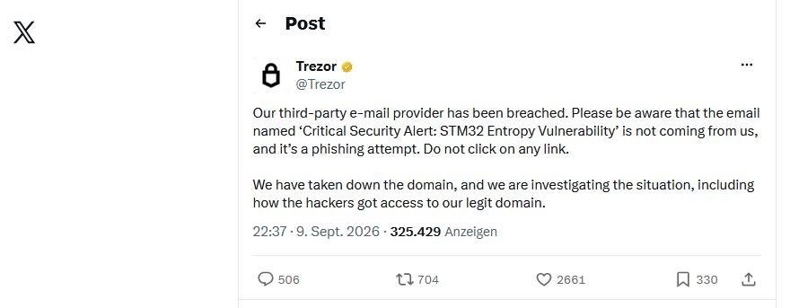 Meldung von Trezor auf X.com